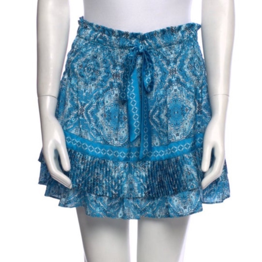 Ramy Brook Blue Printed Pleated Ruffle Mini Skirt Medium
